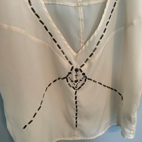 Vintage Line & Dot Semi Sheer Embellished Top Women's Size Small Off-White Ivory - Picture 5 of 9